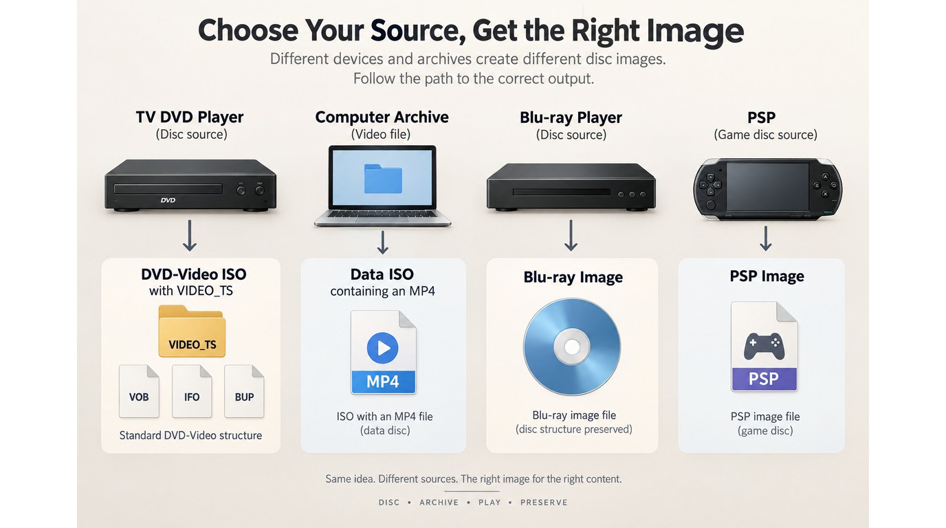 Decision flow for DVD-Video ISO, data ISO, Blu-ray, and PSP images