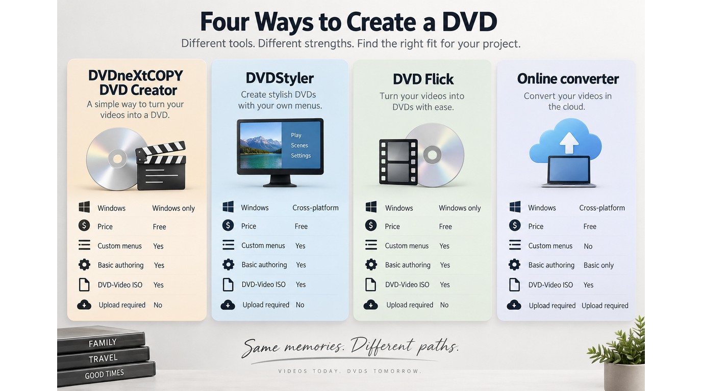 Comparison of DVDneXtCOPY, DVDStyler, DVD Flick, and online converters