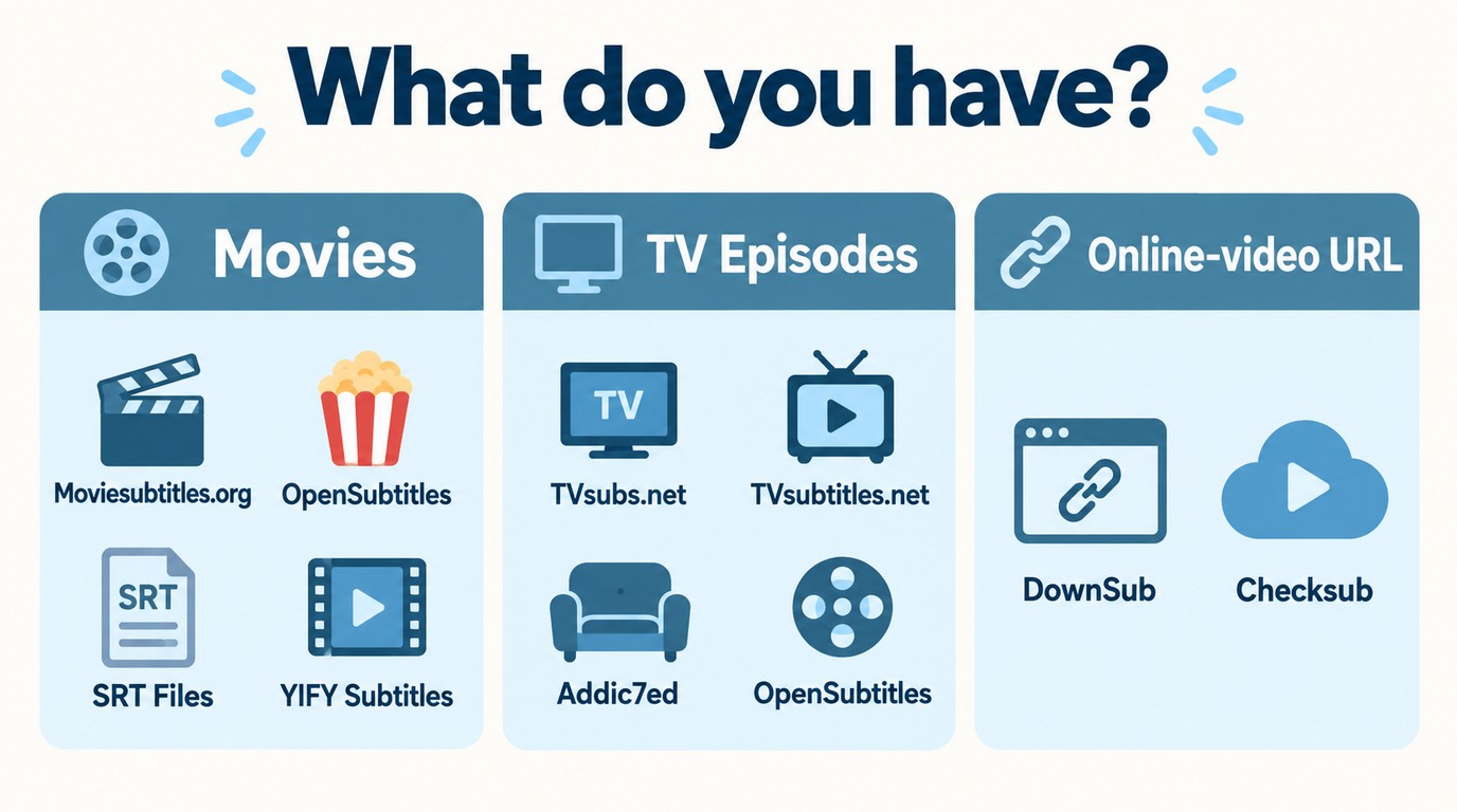Which subtitle sites to use for movies, TV episodes, and online-video URLs