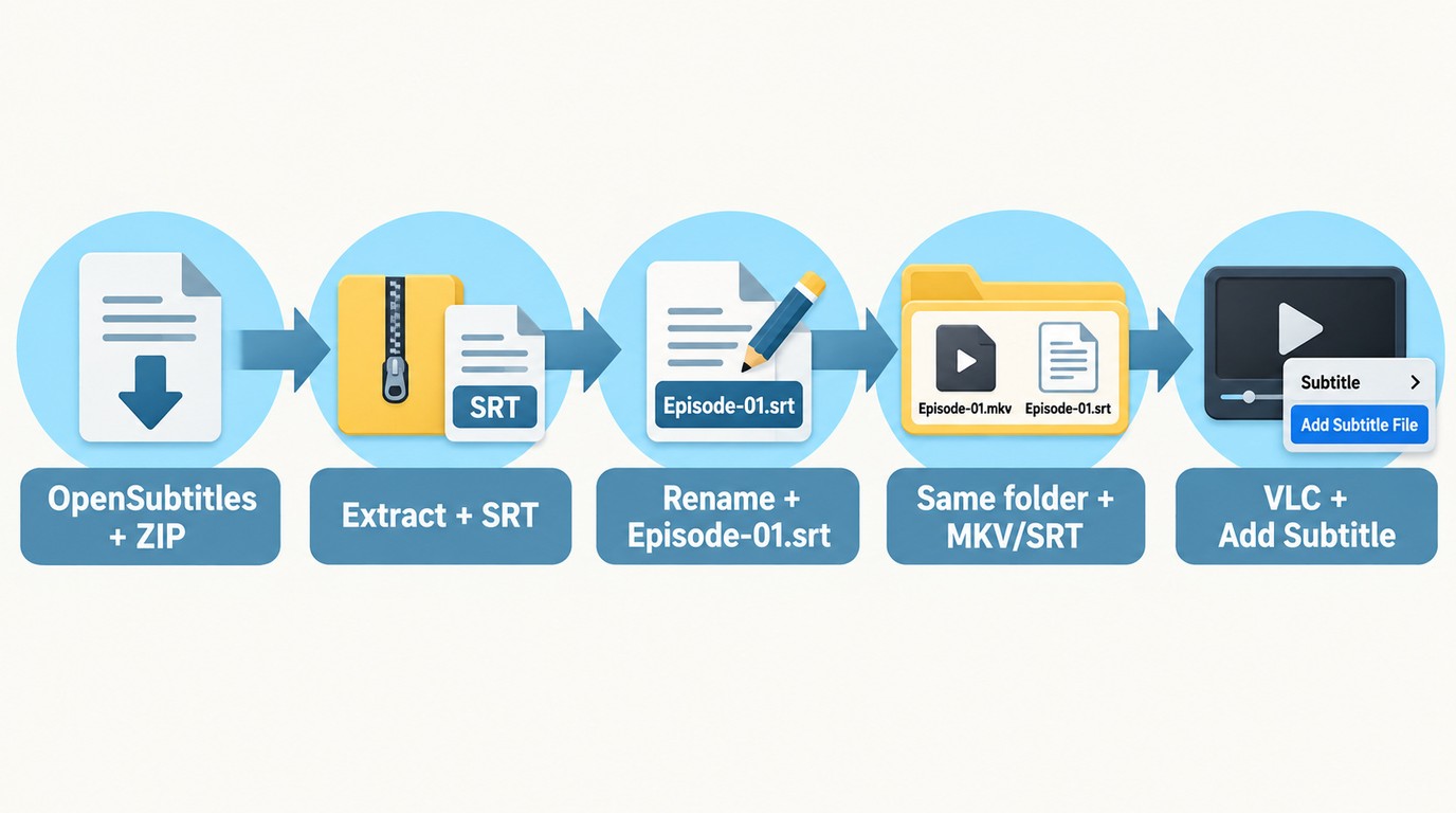 How to extract an SRT file, match its video filename, and load it in VLC