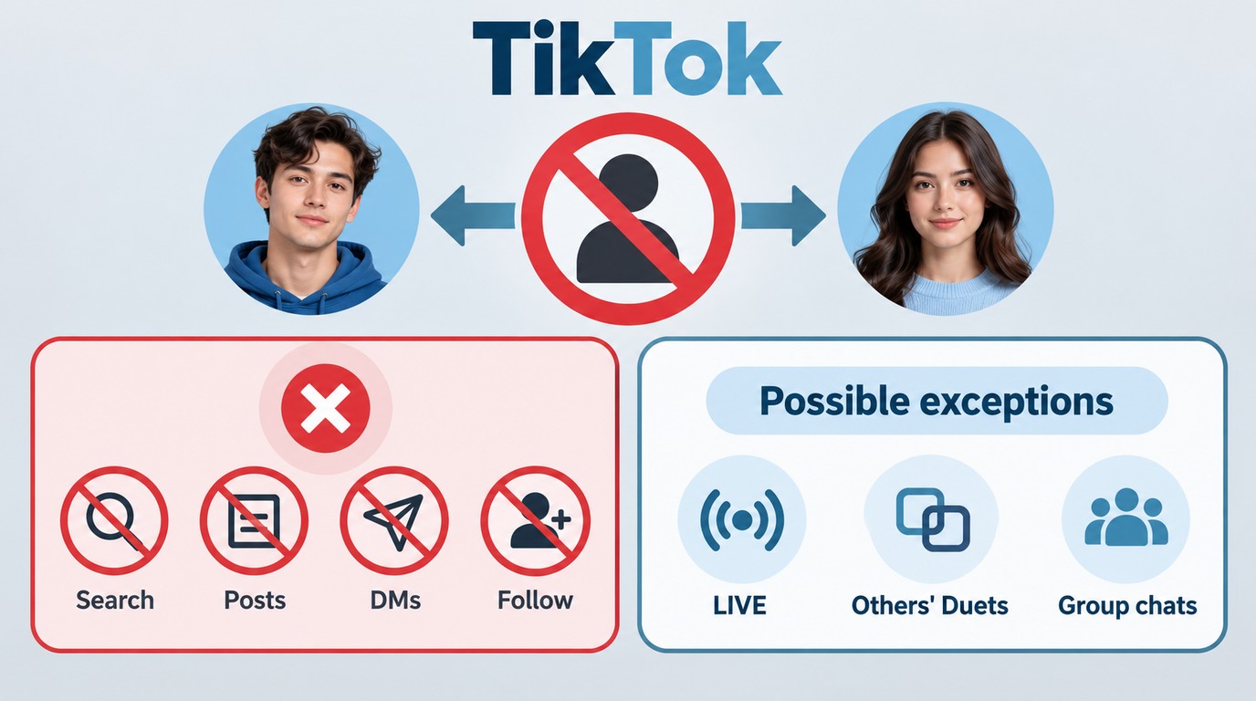 Effects of TikTok blocking on search, posts, DMs, follows, and shared spaces