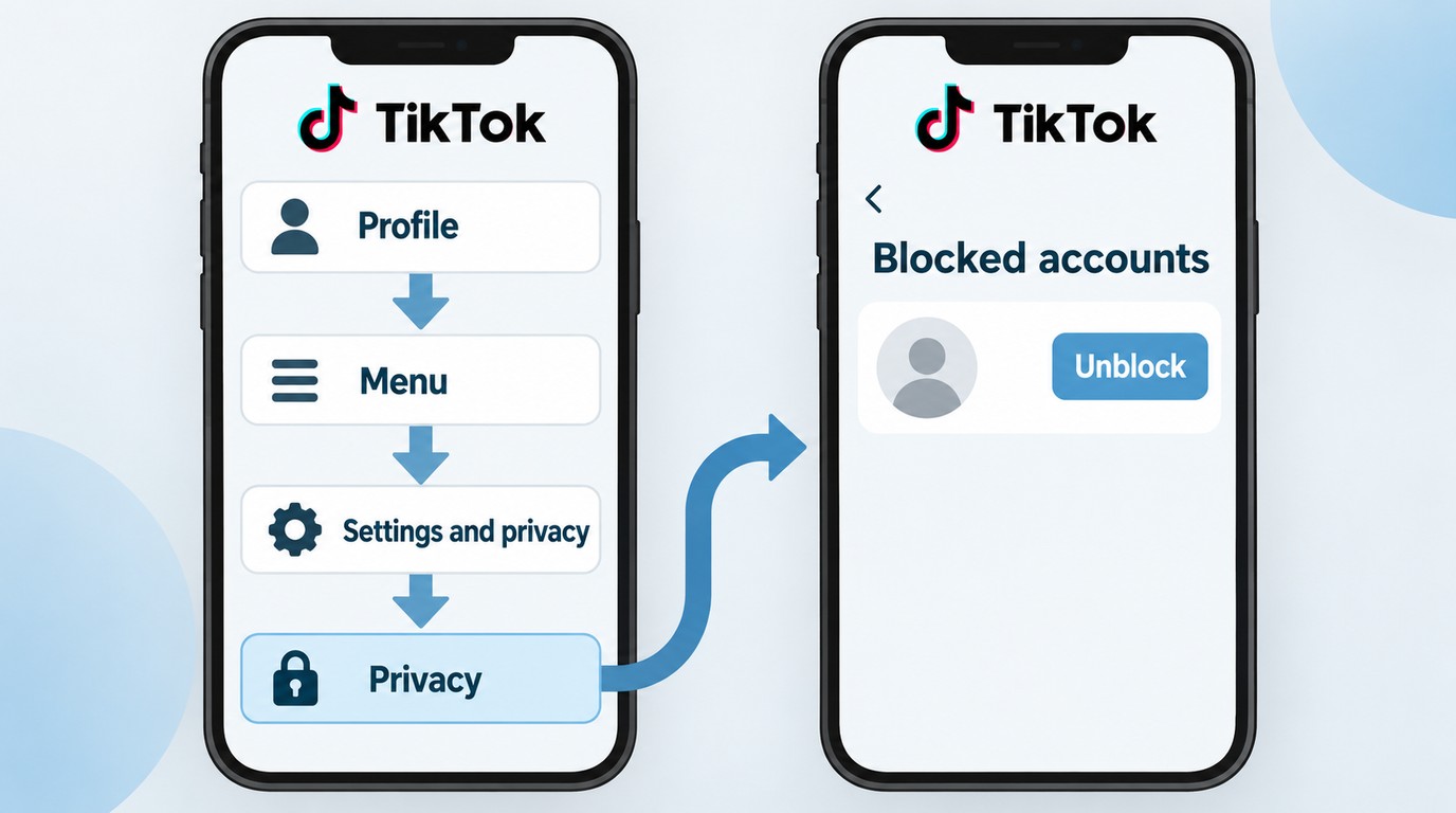 TikTok Privacy path to Blocked accounts and the Unblock control beside each profile